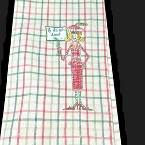 Cotton Tea Towel Funny Whimsical Lady Multi Color Embroidery 24" Fringed NWOT